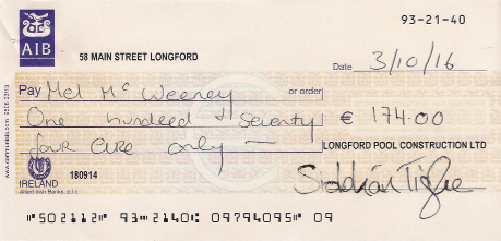 Cheque for €174